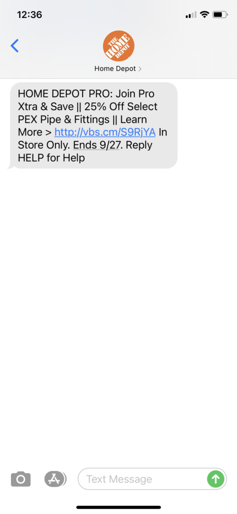 Home Depot Text Message Marketing Example - 09.21.2020