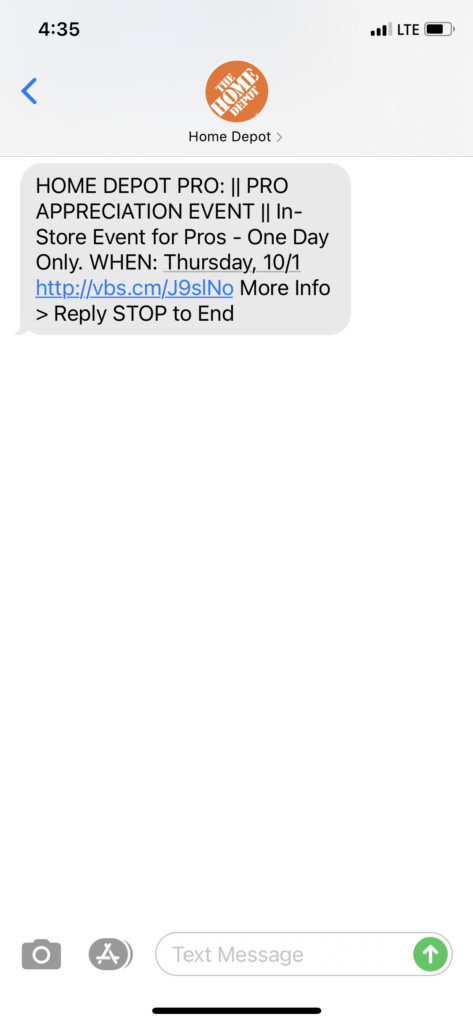 Home Depot Text Message Marketing Example - 09.28.2020