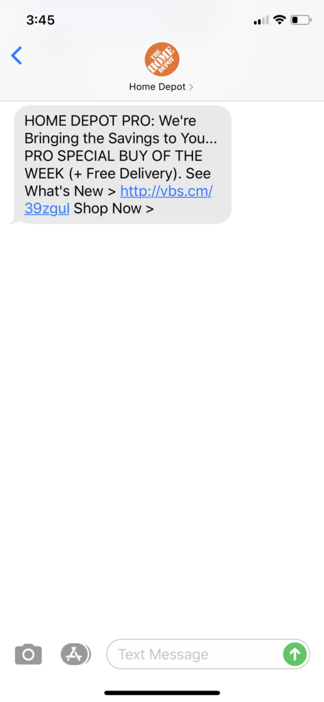 Home Depot Text Message Marketing Example2 - 09.14.2020
