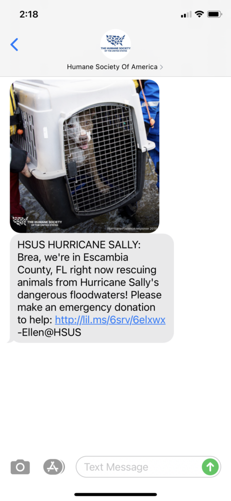 Humane Society Text Message Marketing Example - 09.18.2020