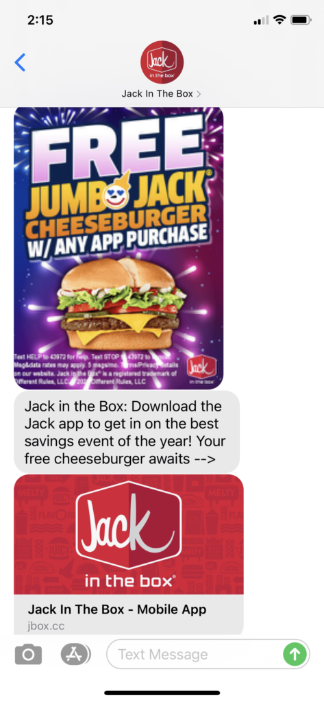 Jack in the Box Text Message Marketing Example - 09.18.2020