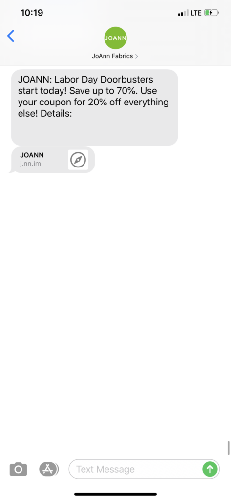 JoAnn Fabrics Text Message Marketing Example - 09.03.2020