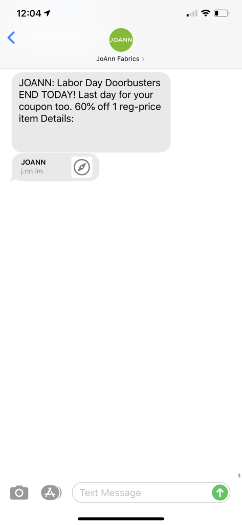 JoAnn Fabrics Text Message Marketing Example - 09.07.2020