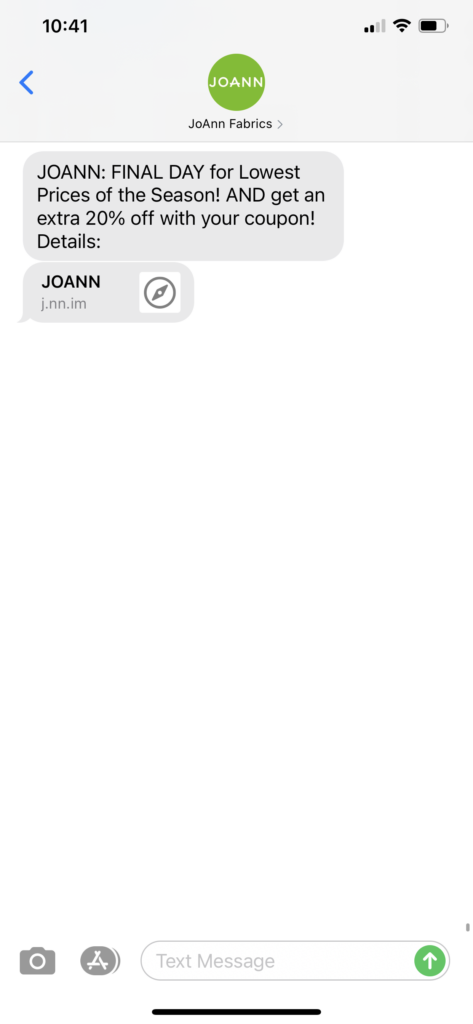 JoAnn Fabrics Text Message Marketing Example - 09.20.2020