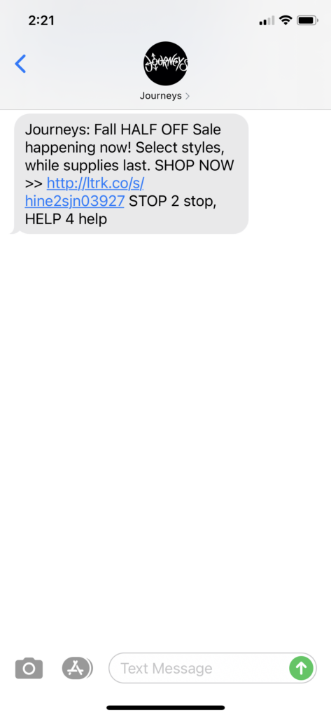 Journeys Text Message Marketing Example - 09.18.2020