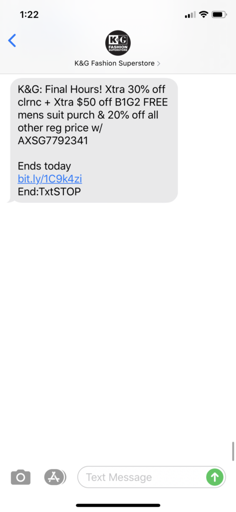KG Superstore Text Message Marketing Example - 09.07.2020