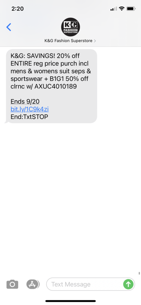 KG Superstore Text Message Marketing Example - 09.18.2020