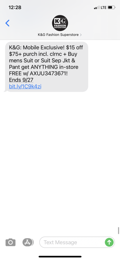 K&G Superstore Text Message Marketing Example - 09.25.2020