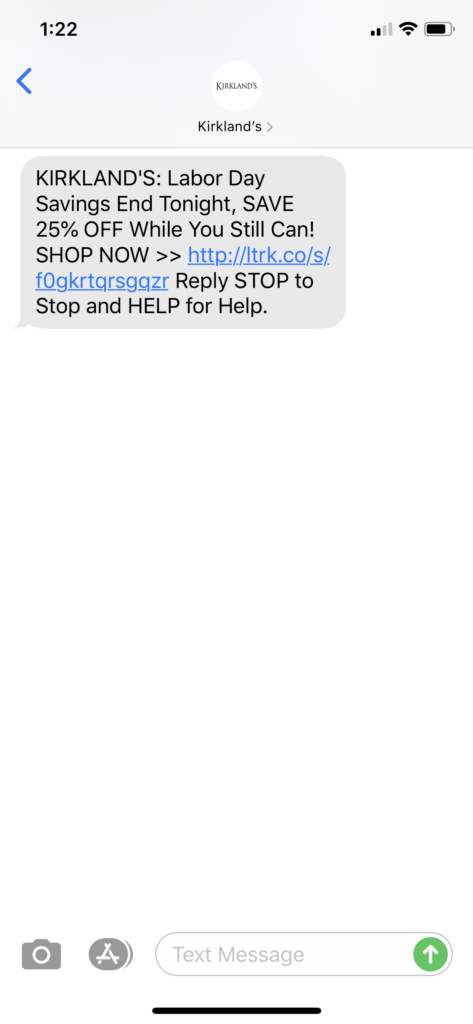 Kirkland’s Text Message Marketing Example - 09.07.2020