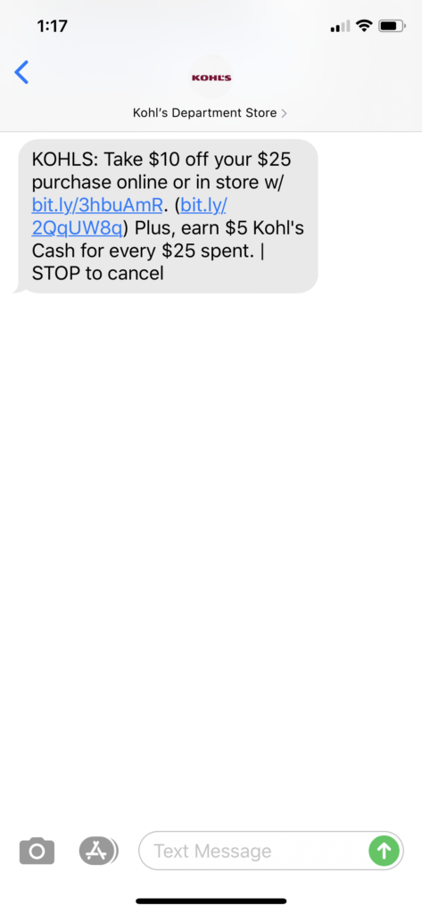 Kohl’s Text Message Marketing Example - 09.03.2020