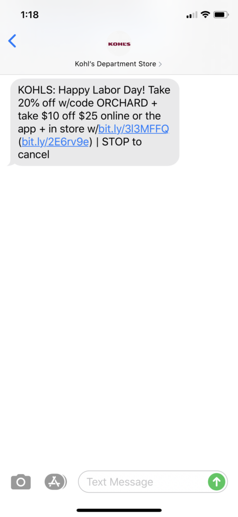 Kohl’s Text Message Marketing Example - 09.07.2020