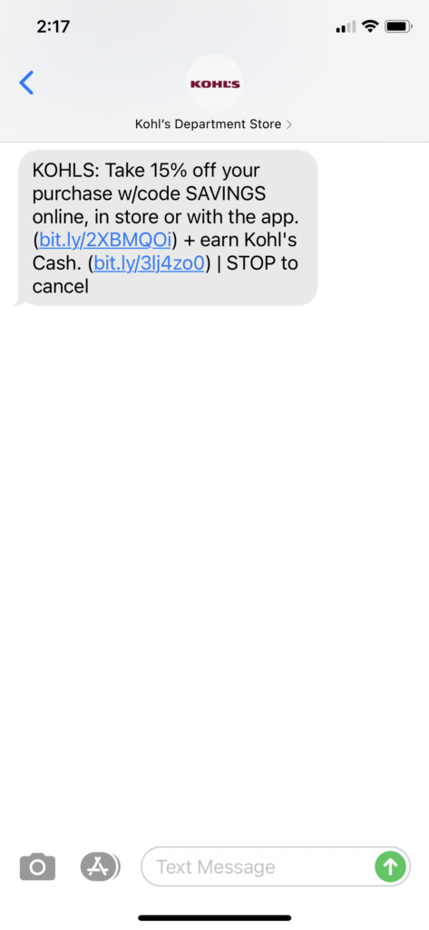 Kohl’s Text Message Marketing Example - 09.18.2020