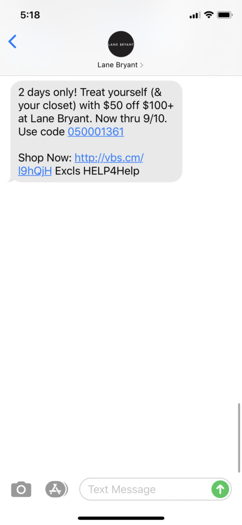 Lane Bryant Text Message Marketing Example - 09.09.2020