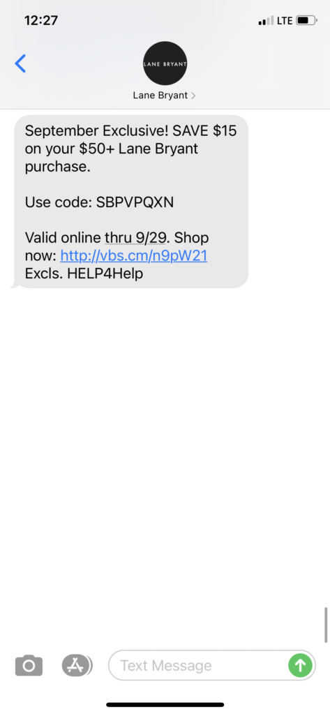 Lane Bryant Text Message Marketing Example - 09.25.2020