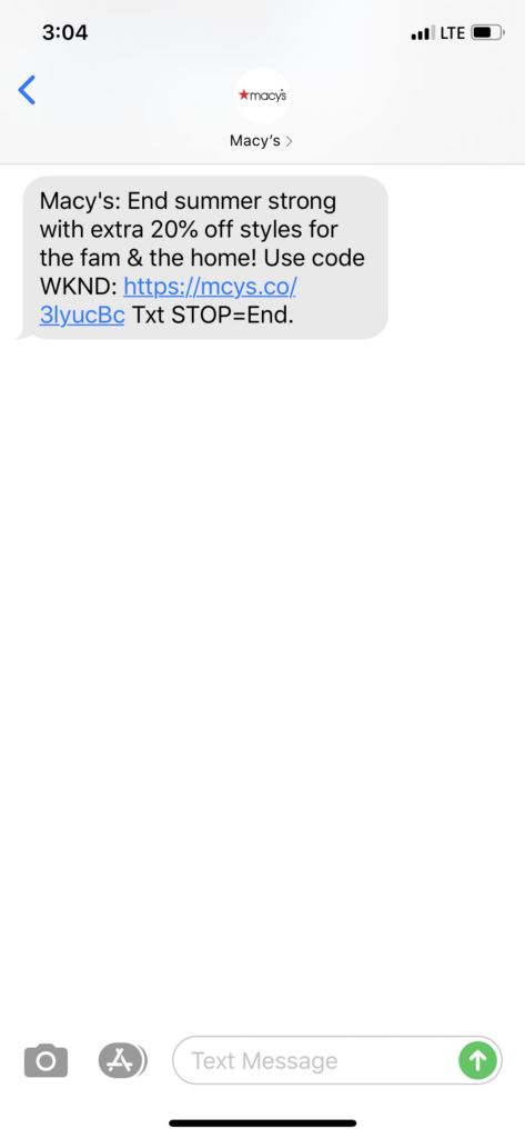 Macy’s Text Message Marketing Example - 08.31.2020