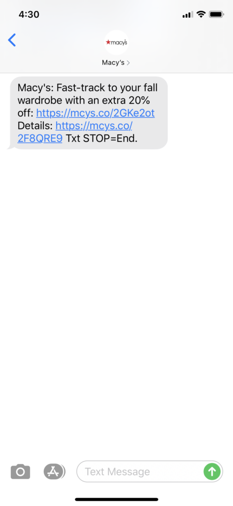 Macy’s Text Message Marketing Example - 09.10.2020