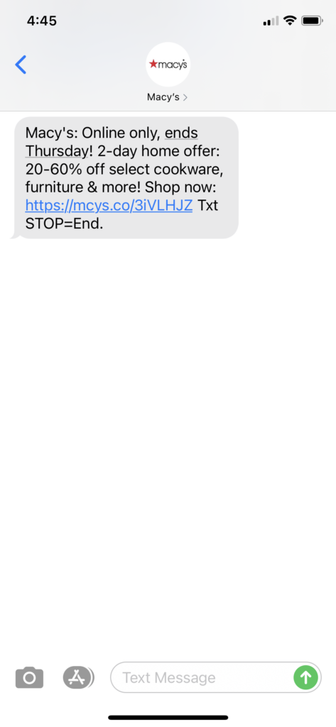 Macy’s Text Message Marketing Example - 09.23.2020