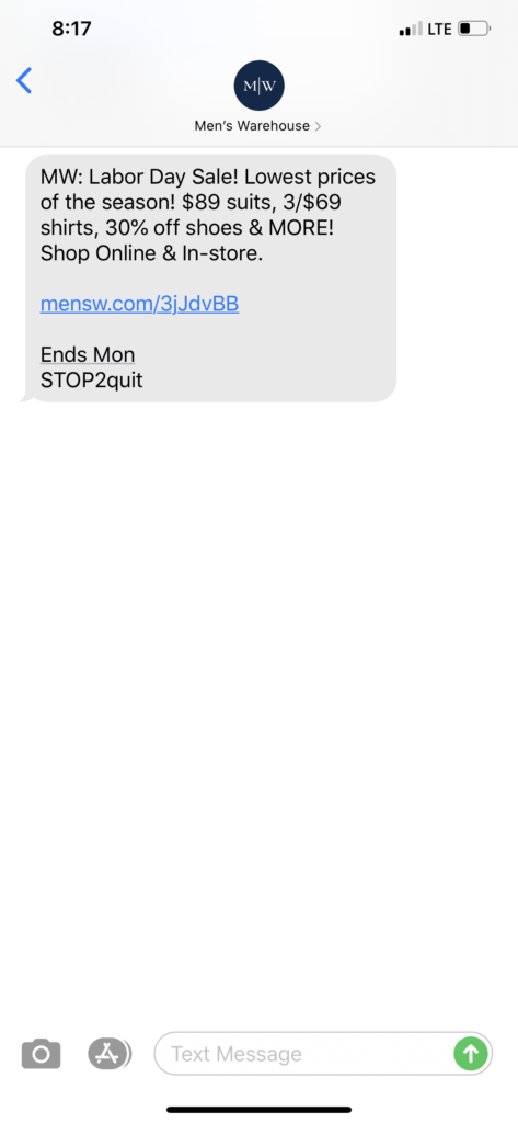 Men’s Warehouse Text Message Marketing Example - 09.03.2020