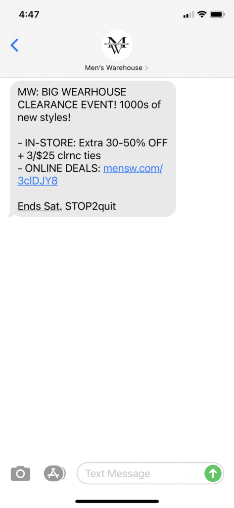 Men’s Warehouse Text Message Marketing Example - 09.23.2020