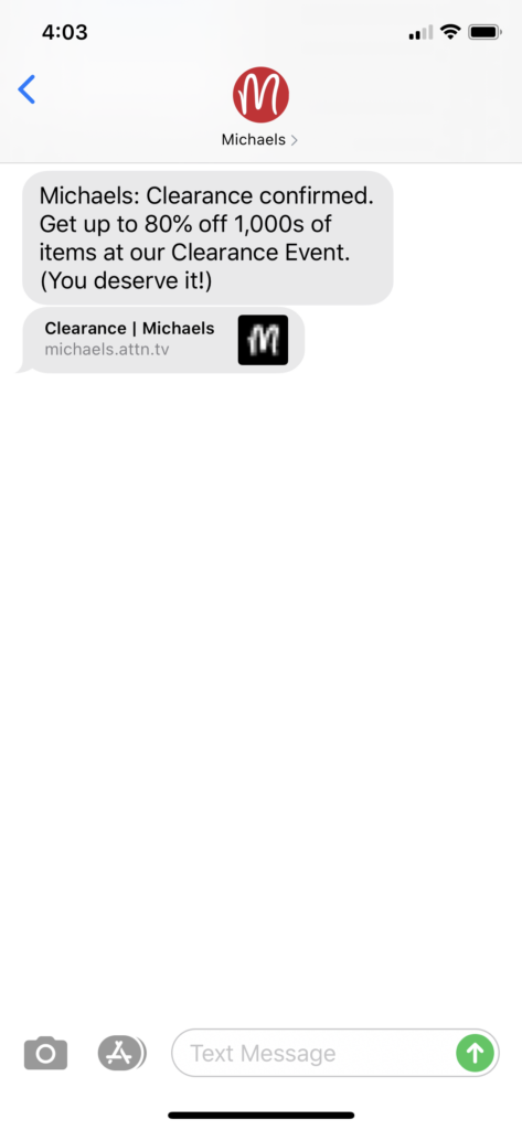Michaels Text Message Marketing Example - 09.01.2020