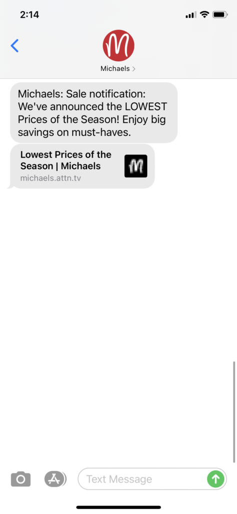 Michaels Text Message Marketing Example - 09.18.2020