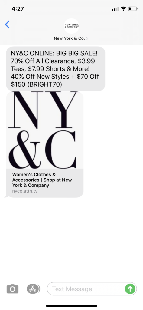New York & Co Text Message Marketing Example - 09.12.2020