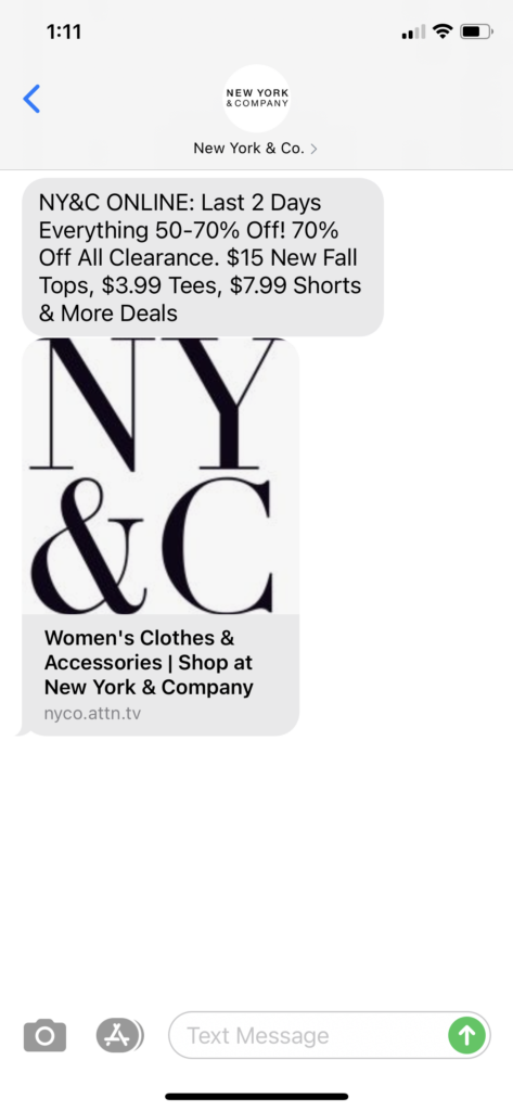 New York & Co Text Message Marketing Example - 09.19.2020