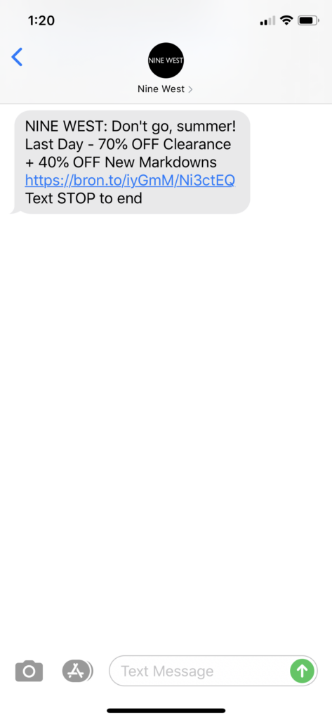Nine West Text Message Marketing Example - 09.07.2020