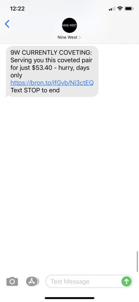 Nine West Text Message Marketing Example - 09.08.2020