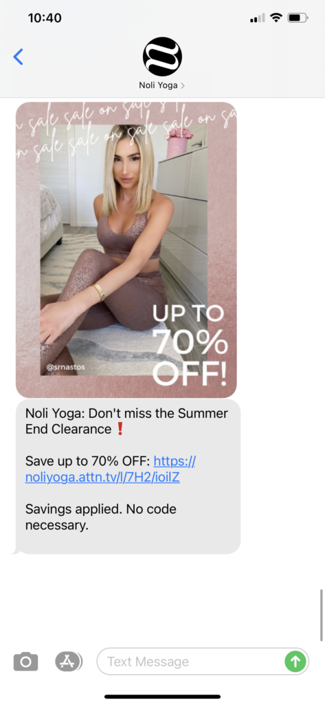 Noli Yoga Text Message Marketing Example - 09.20.2020