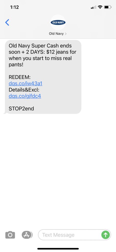 Old Navy Text Message Marketing Example - 09.19.2020