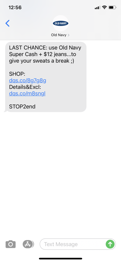 Old Navy Text Message Marketing Example - 09.20.2020