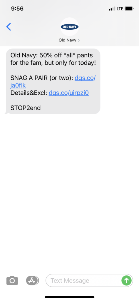 Old Navy Text Message Marketing Example - 09.27.2020