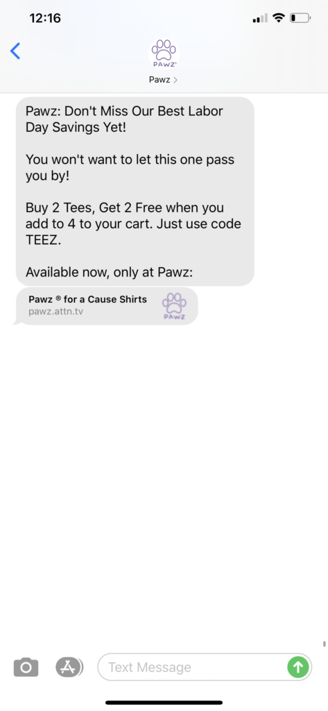PAWZ Text Message Marketing Example - 09.06.2020