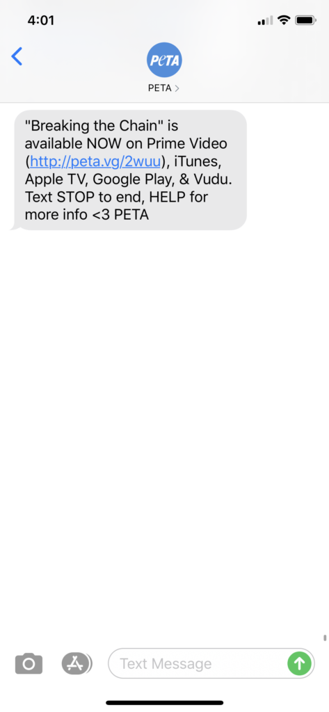 PETA Text Message Marketing Example - 09.01.2020