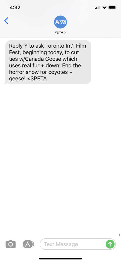 PETA Text Message Marketing Example - 09.10.2020