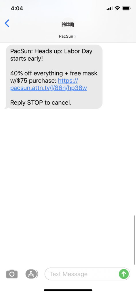 PacSun Text Message Marketing Example - 09.01.2020