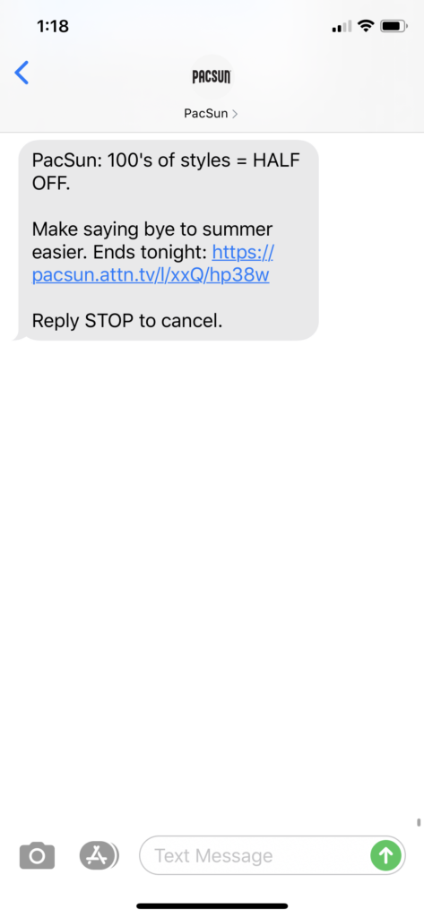 PacSun Text Message Marketing Example - 09.07.2020