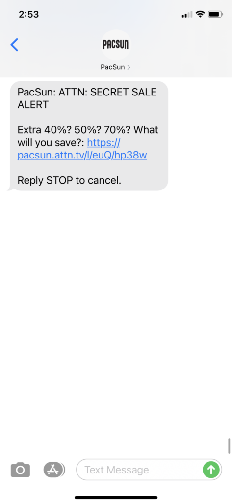 PacSun Text Message Marketing Example - 09.17.2020