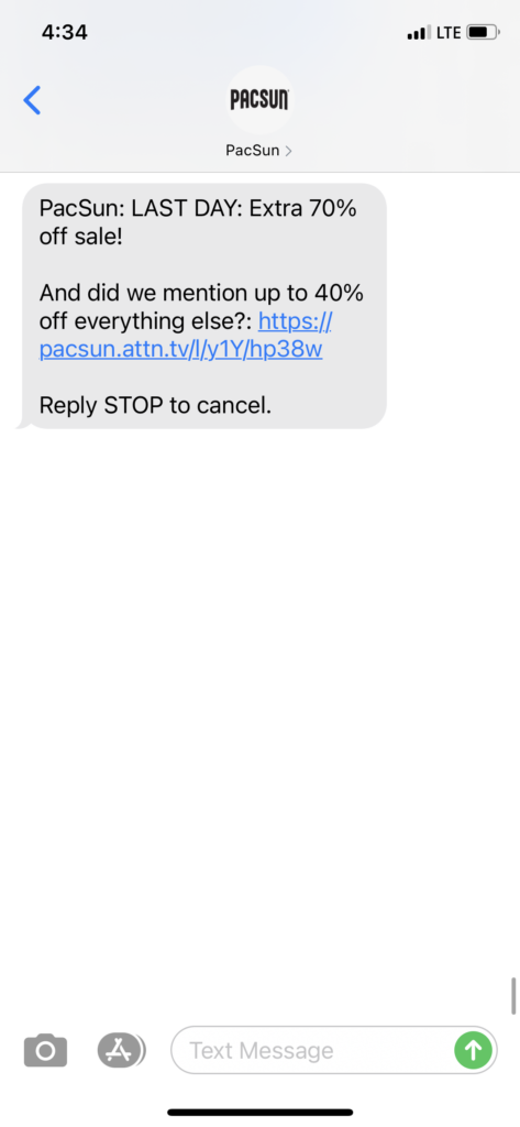 PacSun Text Message Marketing Example - 09.28.2020