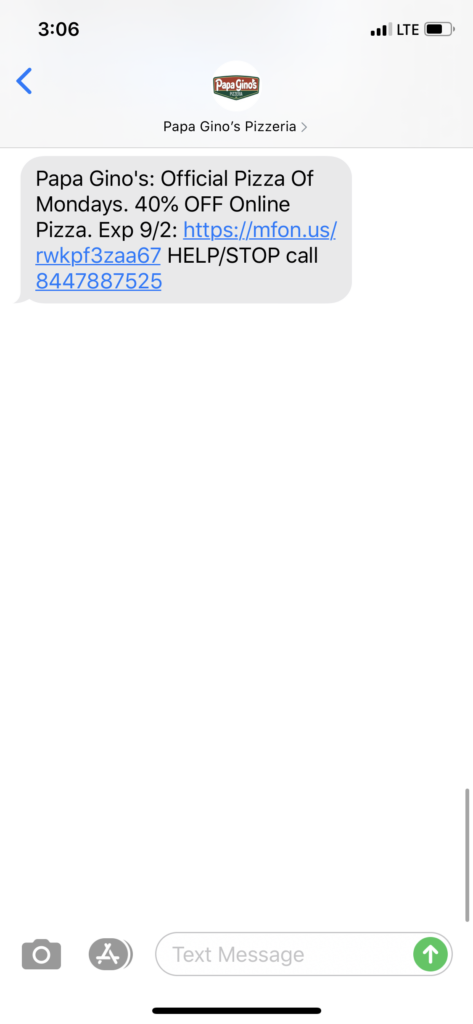 Papa Gino’s Pizzeria Text Message Marketing Example - 08.31.2020
