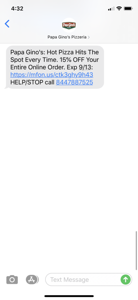 Papa Gino’s Pizzeria Text Message Marketing Example - 09.10.2020