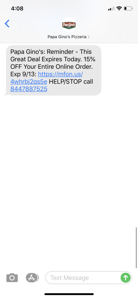 Papa Gino’s Pizzeria Text Message Marketing Example - 09.13.2020