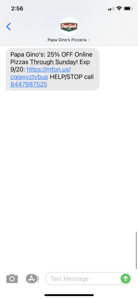 Papa Gino’s Text Message Marketing Example - 09.17.2020