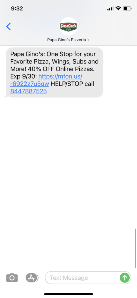 Papa Gino’s Text Message Marketing Example - 09.28.2020