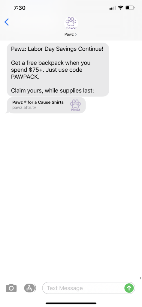 Pawz Text Message Marketing Example - 09.02.2020