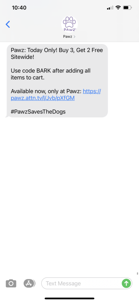 Pawz Text Message Marketing Example - 09.20.2020