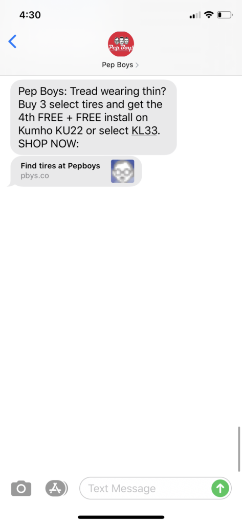 Pep Boys Text Message Marketing Example - 09.12.2020