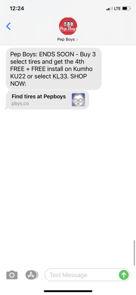 Pep Boys Text Message Marketing Example - 09.25.2020