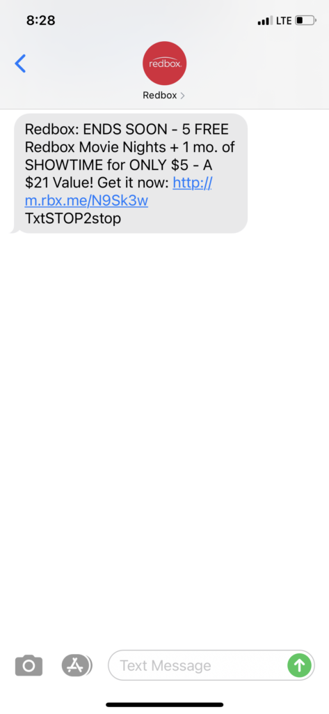 Redbox Text Message Marketing Example - 09.25.2020
